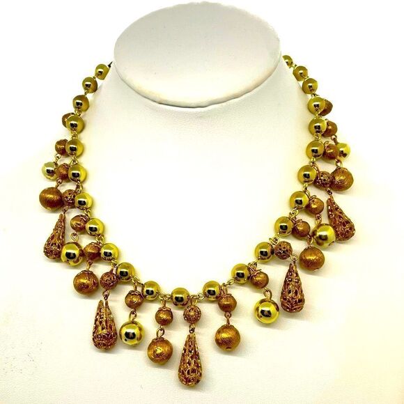 Vintage 50s Lisner Gold Tone Etruscan Revival Dangling Filgree Choker Necklace - Picture 1 of 11